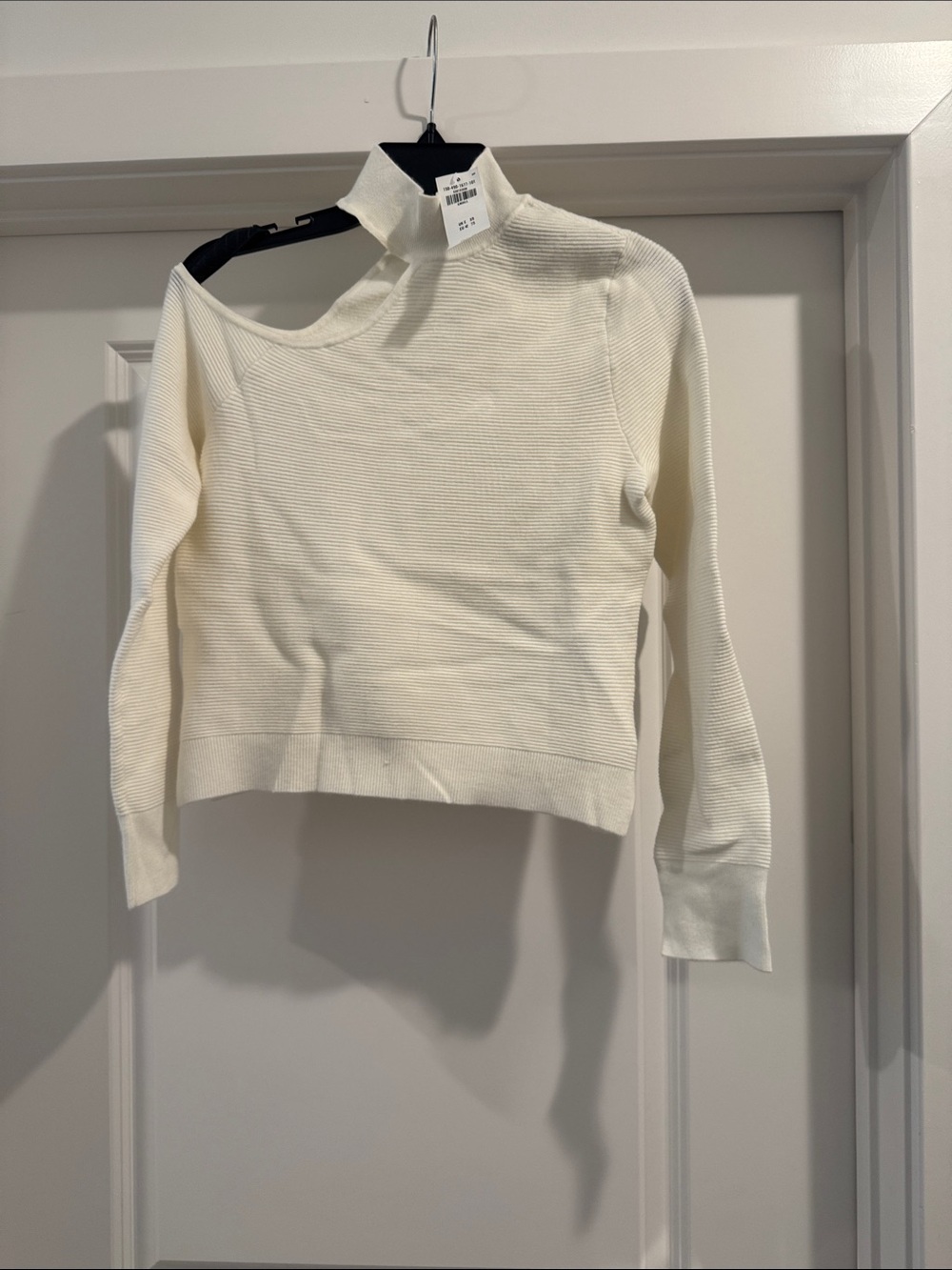 Abercrombie & Fitch Off-the-Shoulder Asymmetric Ribbed Sweater in Cream
